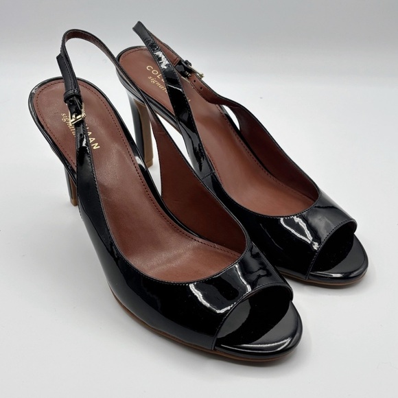 Cole Haan Juliana Slingback Pump 8 Heels Patent Leather Peep Toe Black NEW - Picture 1 of 9